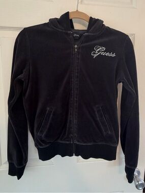 Guess Velour Zip Up Hoodie Black Rhinestone Logo Y2K 2011 Jacket M (Runs Small)